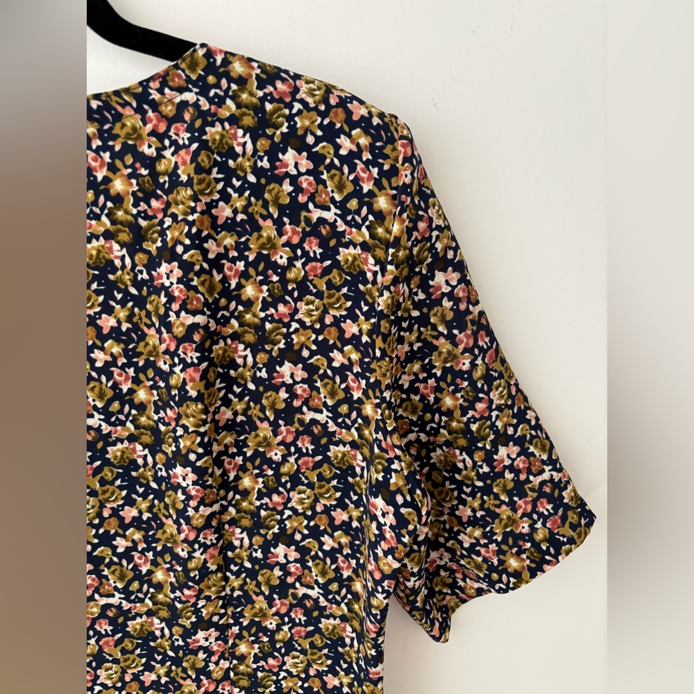 Vintage Floral Button Front Midi Dress Navy Pink Pleated Skirt Size 9/10 - Picture 9 of 10